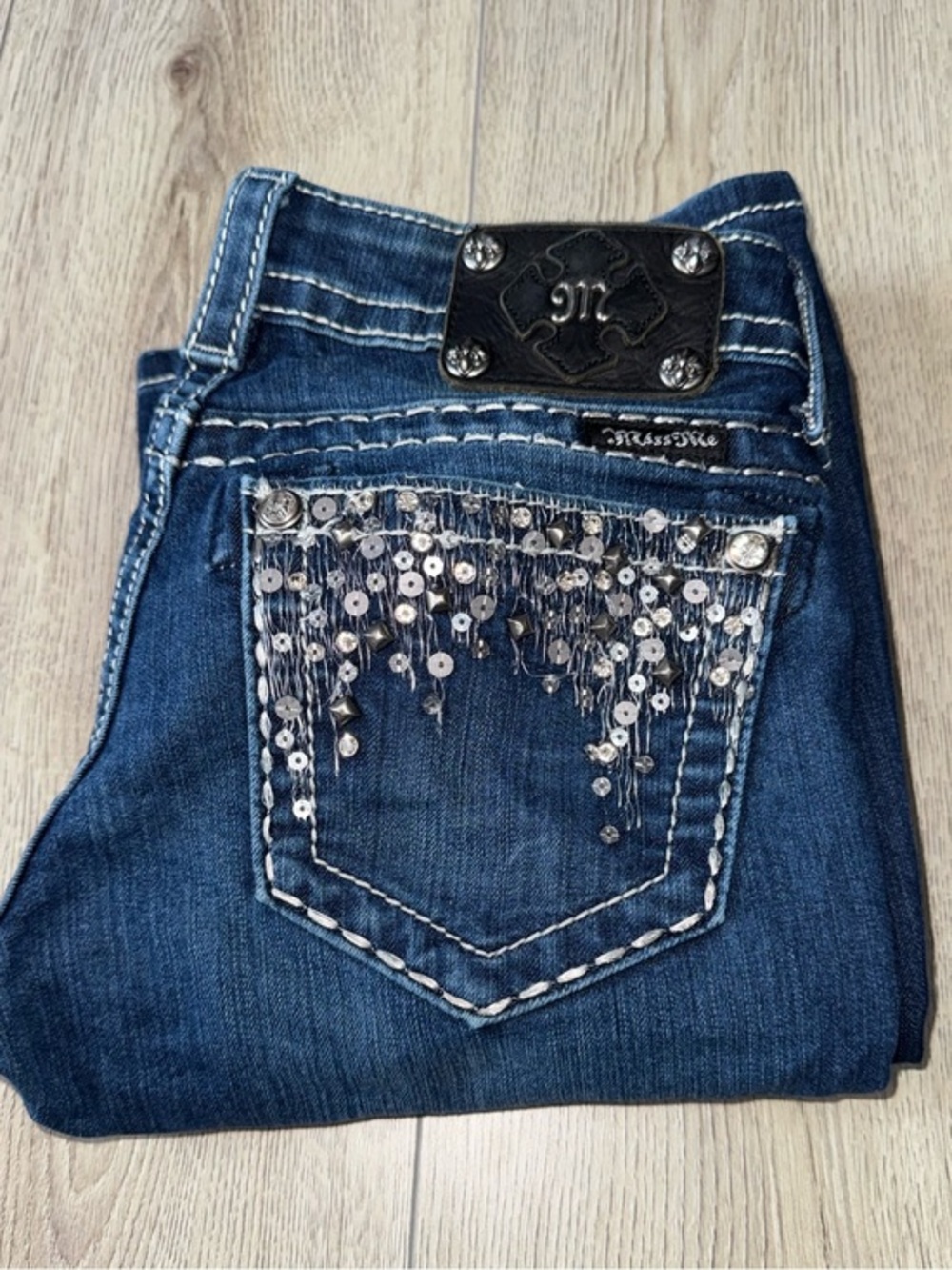 Miss Me Women's Dark Blue Sequin Pocket bootcut boot Jeans denim